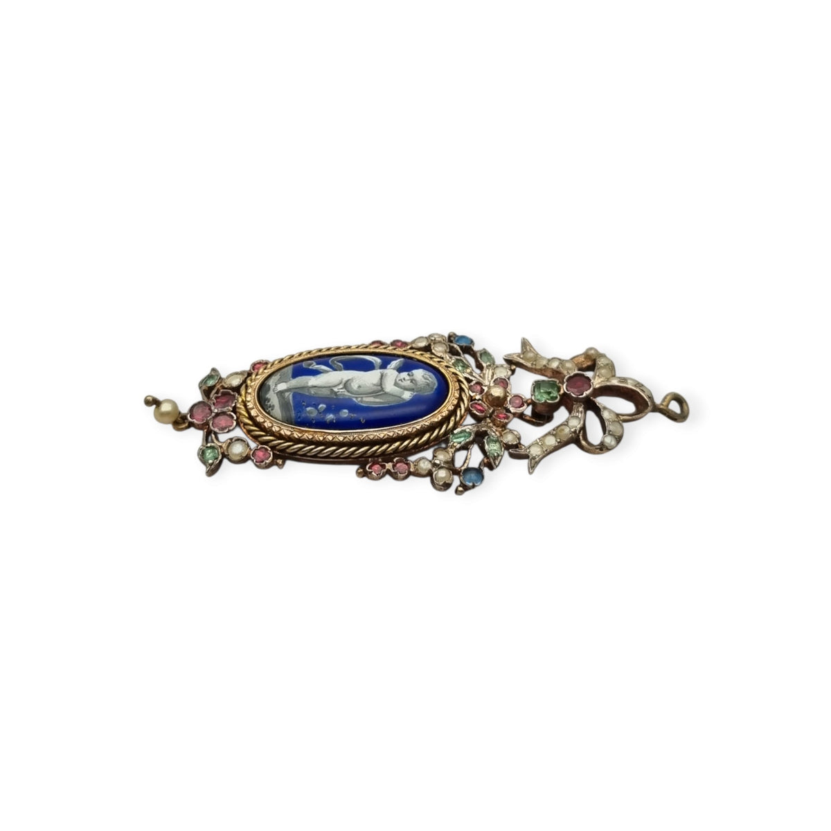 Antique winged cherub pendant in Gilt Silver with Enamel, Pearls, and Gems, ca. 18 70–1890