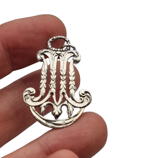 Art Nouveau openwork silver Marian monogram M pendant, religious jewelry, circa 1900–1925