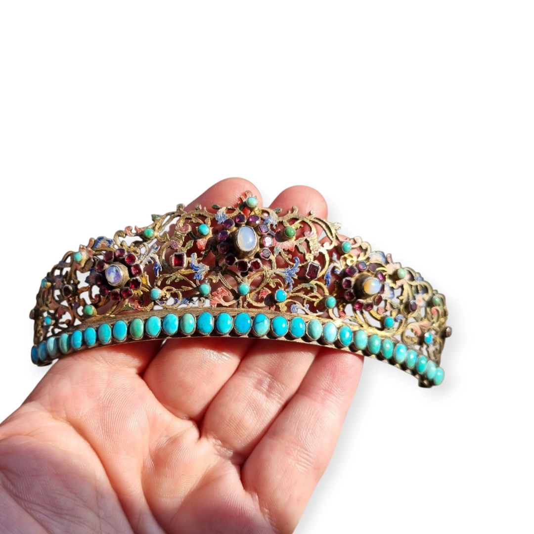 Austro-Hungarian Victorian tiara in gilded silver with turquoise, garnets, and moonstone, late Romantic, c. 1880–1900