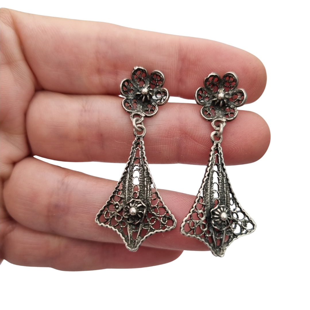 70s-80s openwork filigree teardrop silver earrings