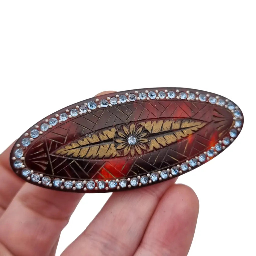 Broche de celuloide para mujer años 50 elegante diseño en tono marrón.