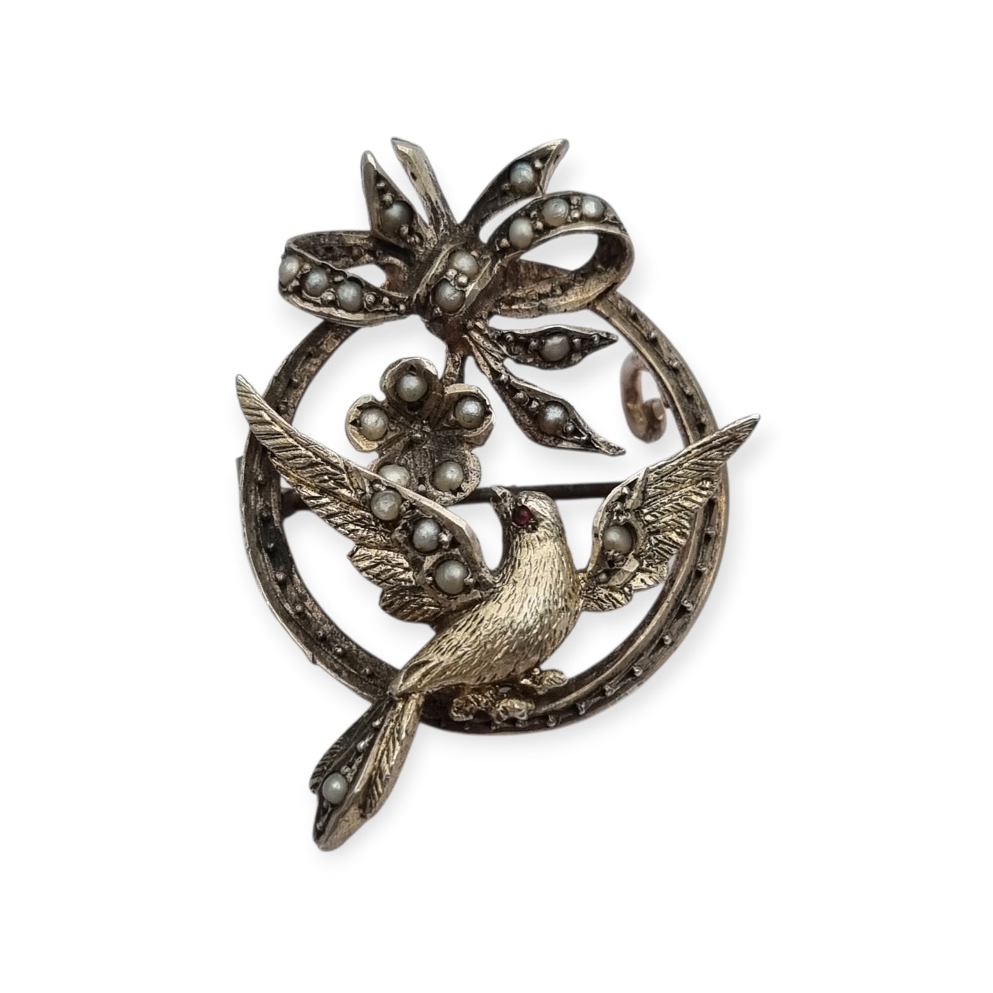 Edwardian silver brooch with bird, bow, pearls and ruby circa 1910