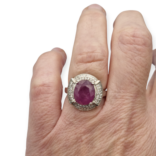 Art Deco style ring in silver with oval ruby and cubic zirconia, circa 1980
