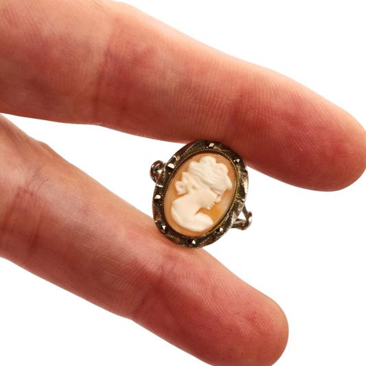 Silver cameo ring with marcasites, Victorian style, circa 1950, carved shell