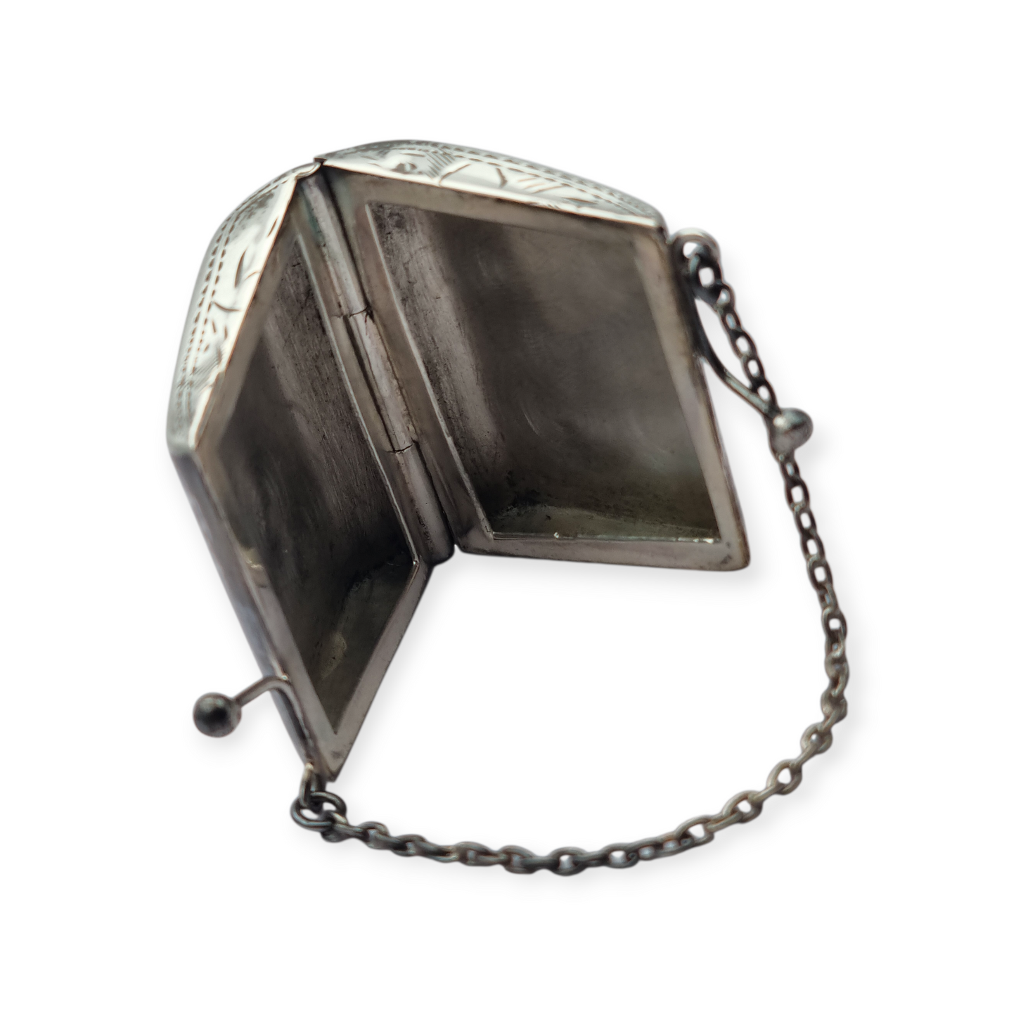 Monedero antiguo en plata 925 con cadena y grabado vegetal, años 60.