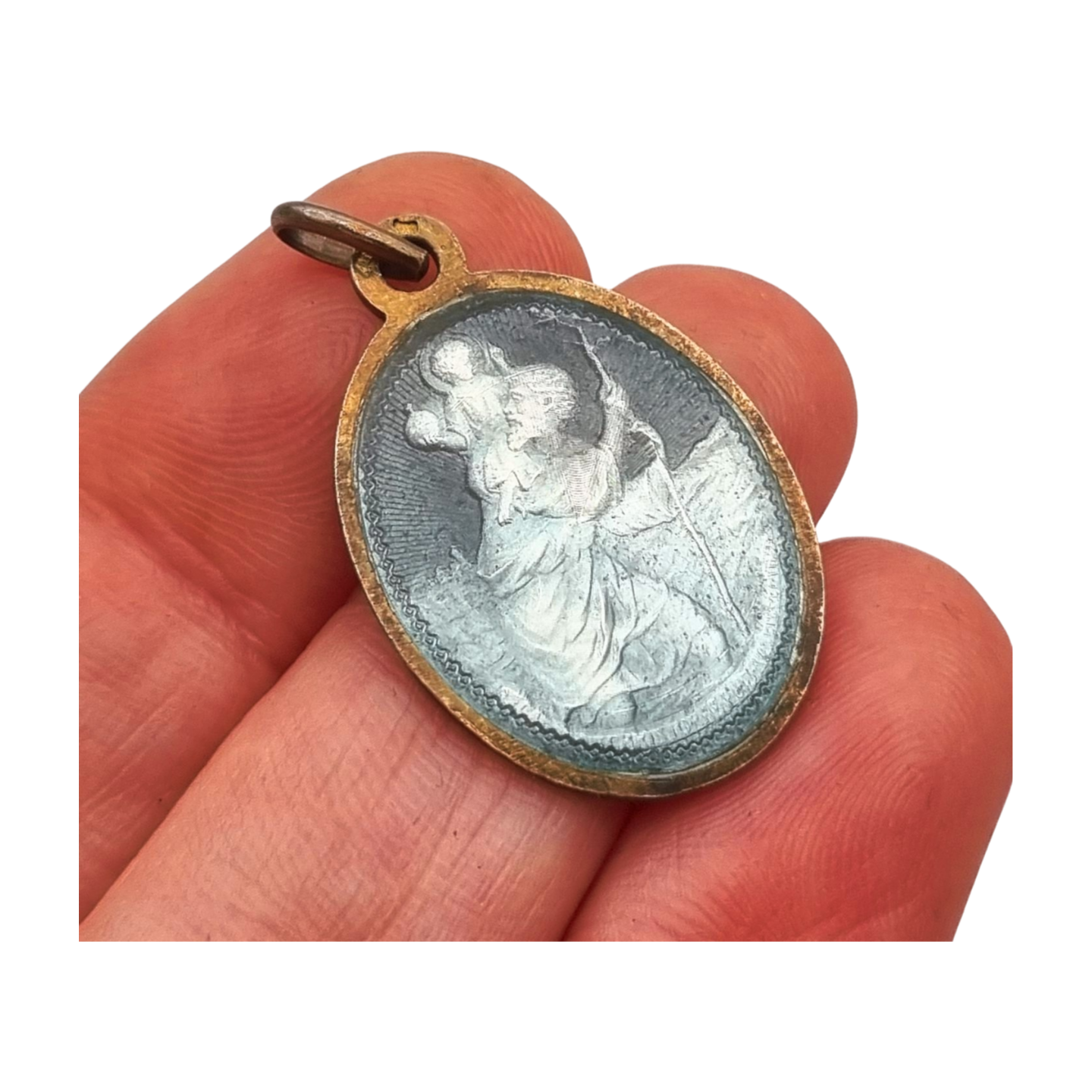 Antique St. Christopher medal, blue enamel, protector of travelers in Europe, circa 1950-60