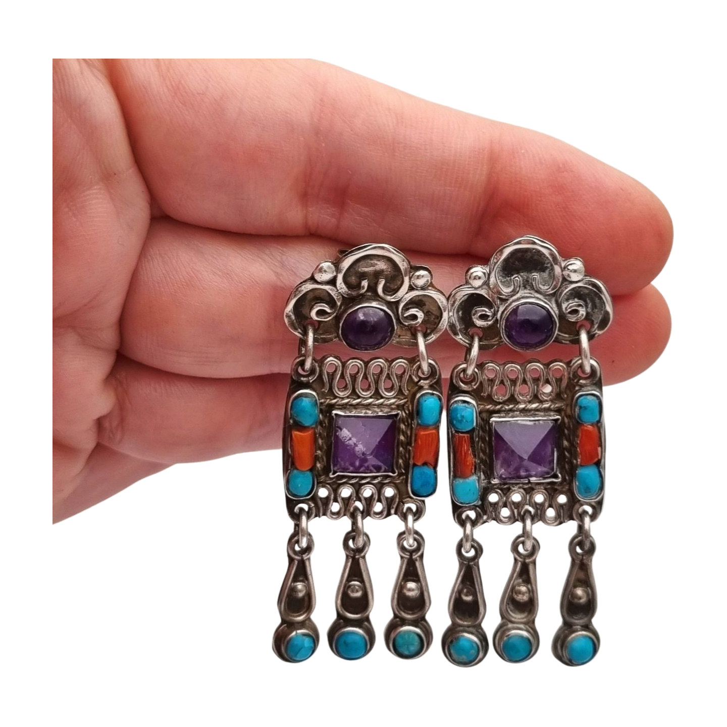 Sterling silver earrings, Morales Mexico, Matilde Poulat school with amethyst, turquoise, and coral