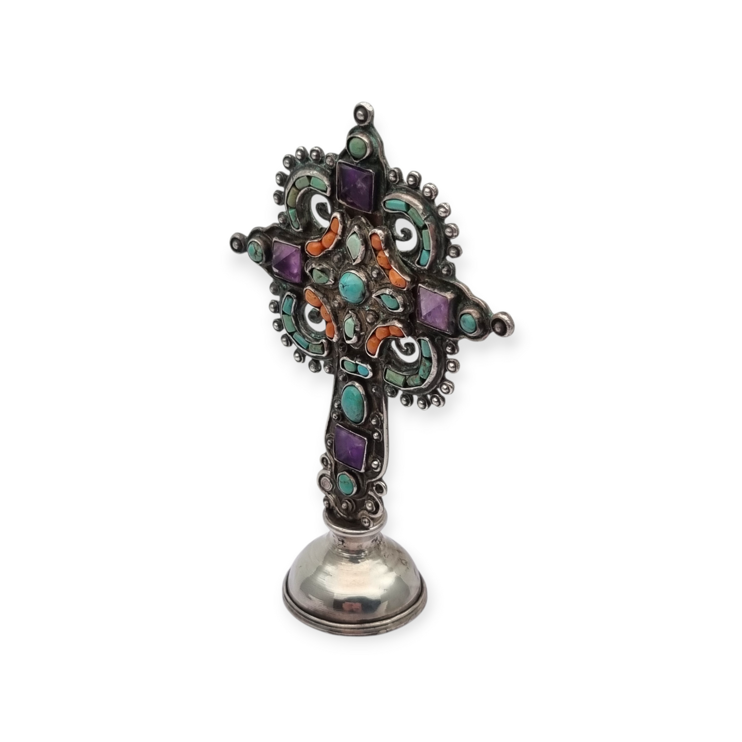 Standing silver cross MATL Salas, Matilde Poulat Mexico, with turquoise, amethyst, and coral, circa 1960.