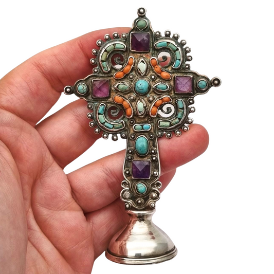 Standing silver cross MATL Salas, Matilde Poulat Mexico, with turquoise, amethyst, and coral, circa 1960.