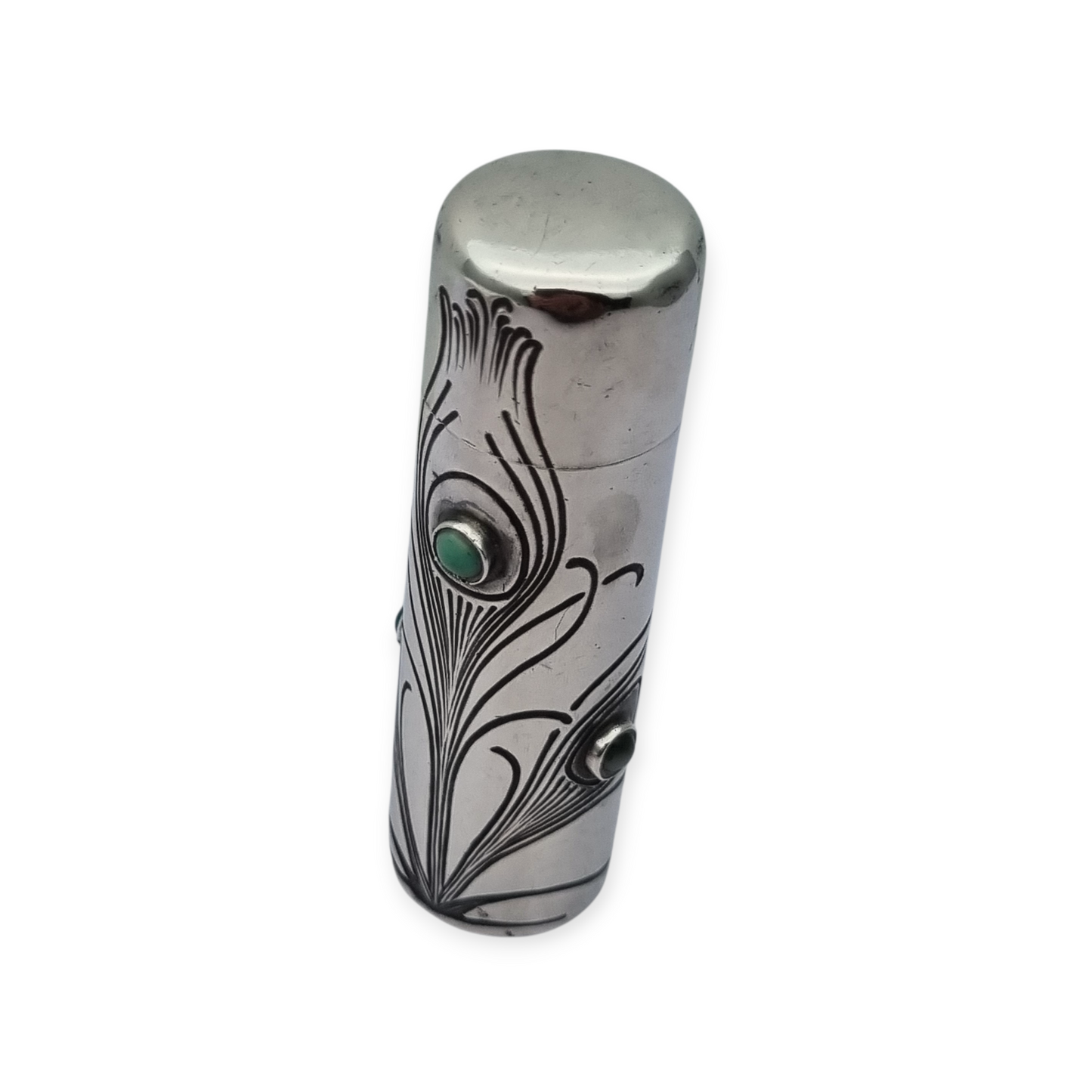 Art Nouveau .800 silver and green stone jar, peacock, Germany, circa 1910