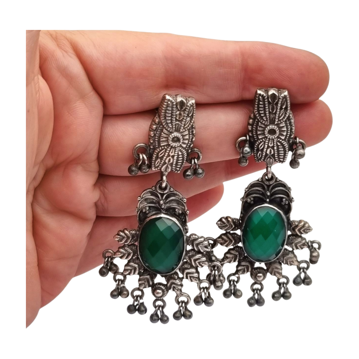 Long Boho sterling silver and green chalcedony ethnic style earrings, 80s-90s