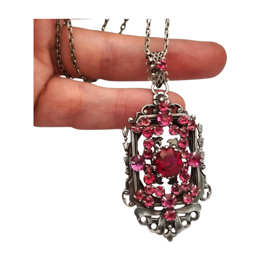 Art Nouveau silver locket with pink crystals circa 1920
