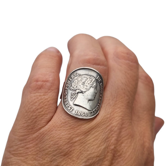 Anillo de moneda de Isabel II 1868 en plata, joyería numismática, circa 1950