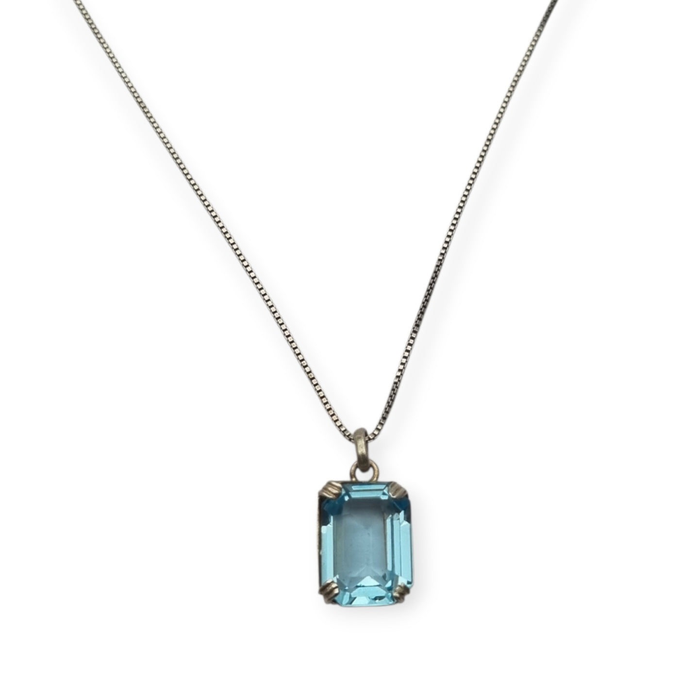 Art Deco sterling silver necklace with rectangular faceted blue stone pendant, Circa 1980s-90s