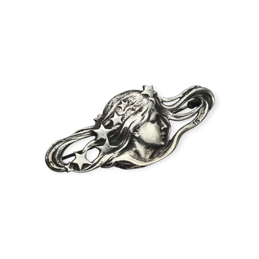 Broche de plata 915 Art Nouveau con ninfa, estrellas y perfil femenino, Europa, circa 1940