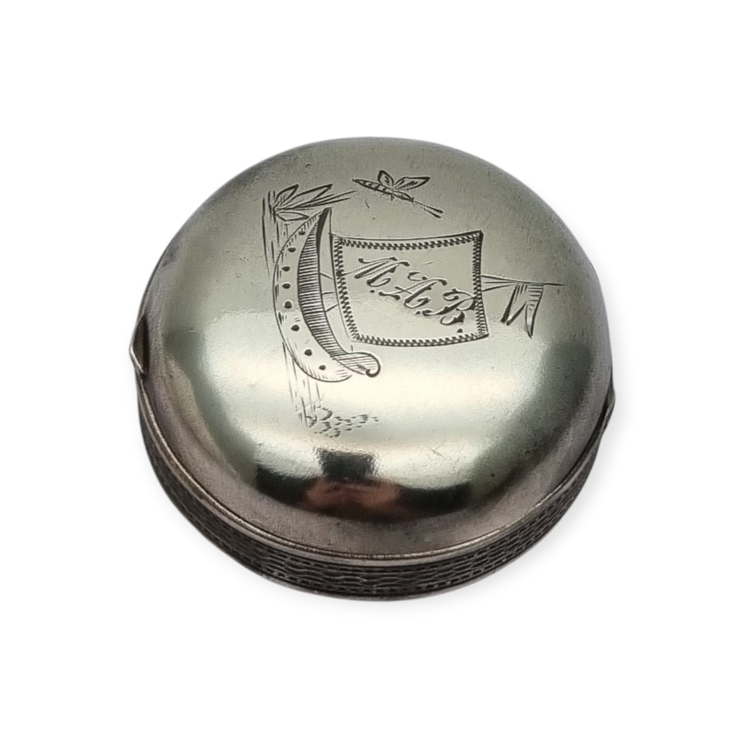 Antique German round .800 silver box engraved with ship and monogram, circa 1900