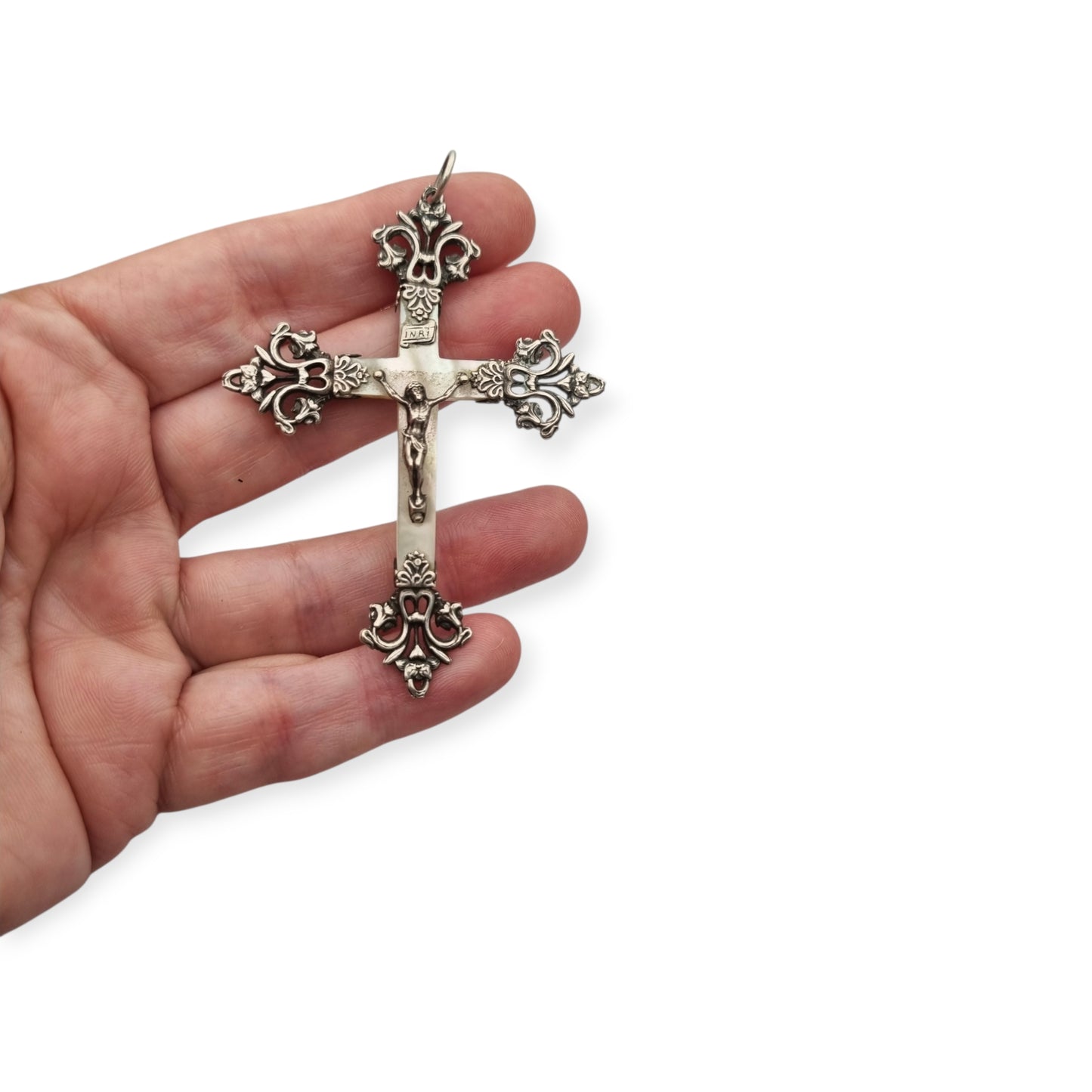 Antique Modernist silver and mother-of-pearl crucifix, Neo-Gothic style, with inscription "22 Mai 1910"