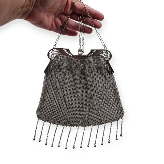 Antique Sterling Silver 800 Mesh Purse with Pierced Clasp and Stylized Birds ca. 1900