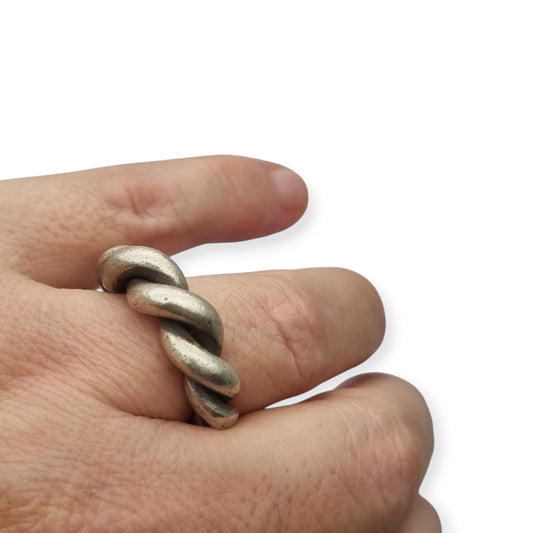 Boho ethnic twisted silver ring, brutalist vintage artisanal design, circa 1960