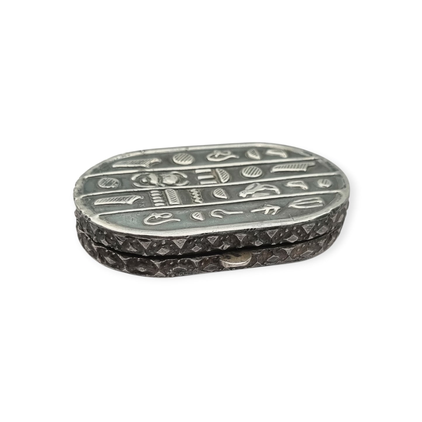 Egyptian silver box with scarab, Egyptian Revival decoration, and hieroglyphic motifs, 20th century, ca. 1945–1970