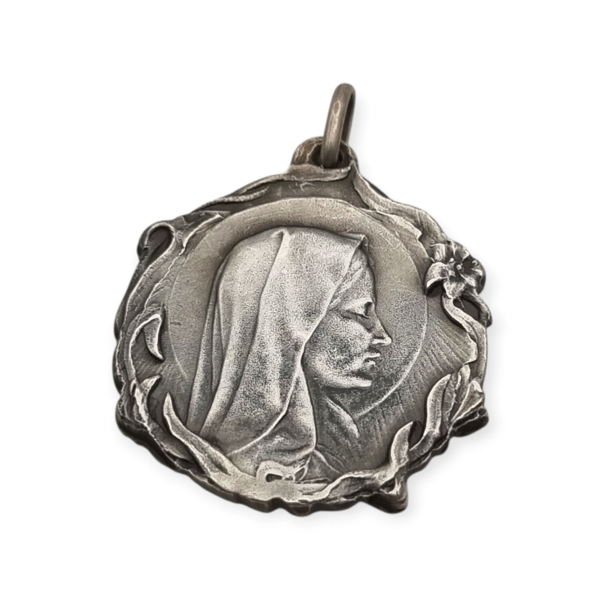 Medalla modernista antigua de plata de Virgen, joyas religiosas Art Nouveau, España, ca. 1920