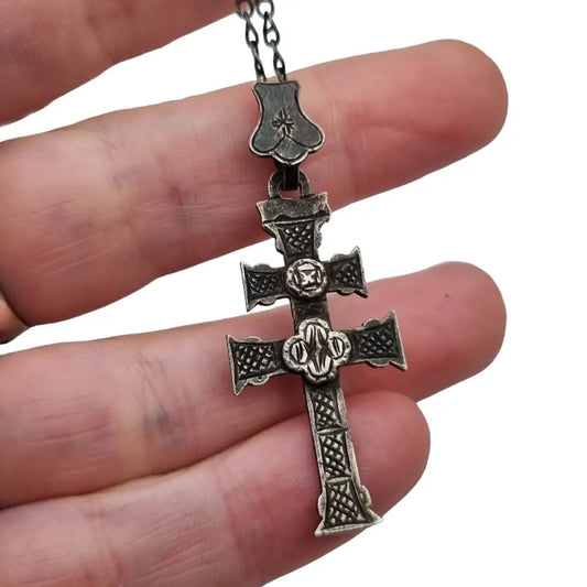 Colgante cruz patriarcal de plata con cadena colgante ley
