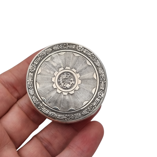 Antique round guilloche silver box with gilt interior, France, Neoclassical style, circa 1880