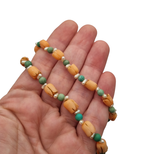 70s Vintage Boho Handcrafted Carved Floral Coral Turquoise and Pearl Necklace