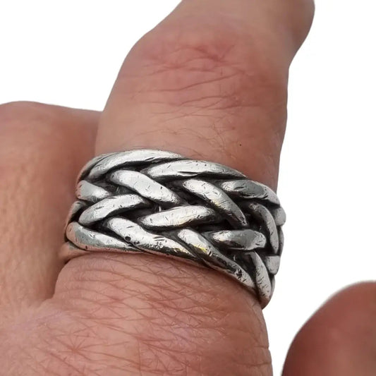 Anillo trenzado de plata vintage para mujer anillo grande diseño