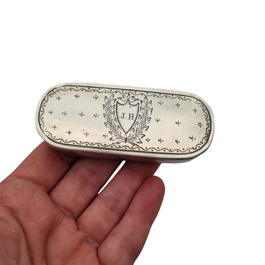 Antique tested silver tobacco box, engraved, monogram J.H., neoclassical style, second half 19th century