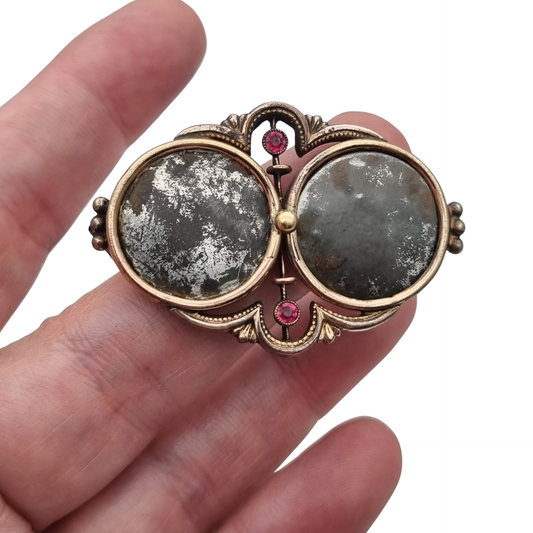 Antique Victorian Gold Double Photo Locket Brooch, Hair Jewelry with Red Stones, ca. 1870–1890