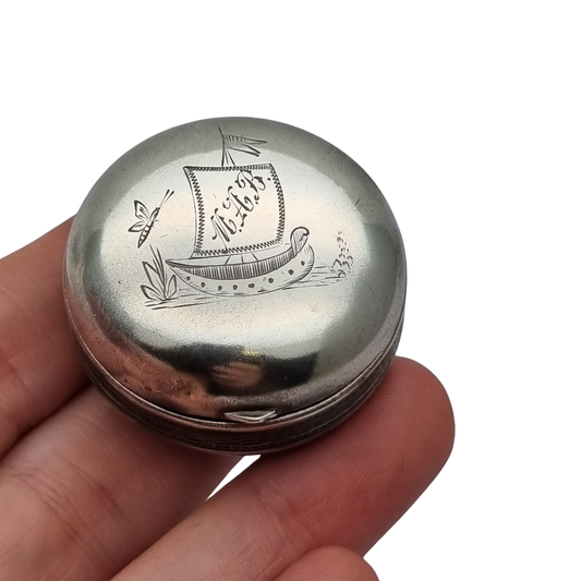 Antique German round .800 silver box engraved with ship and monogram, circa 1900
