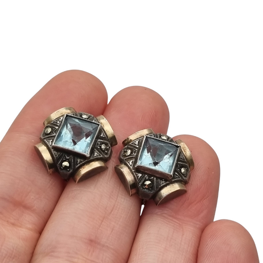 Catalan Art Deco silver earrings with blue crystal, marcasites and gold accents, Spain, ca. 1940