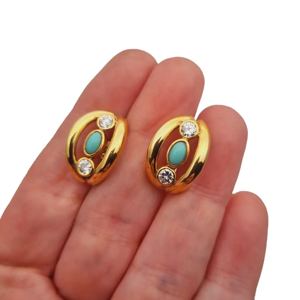 Pendientes gold filled 14k pedrería azul y blanca joyería vintage mujer 1960.