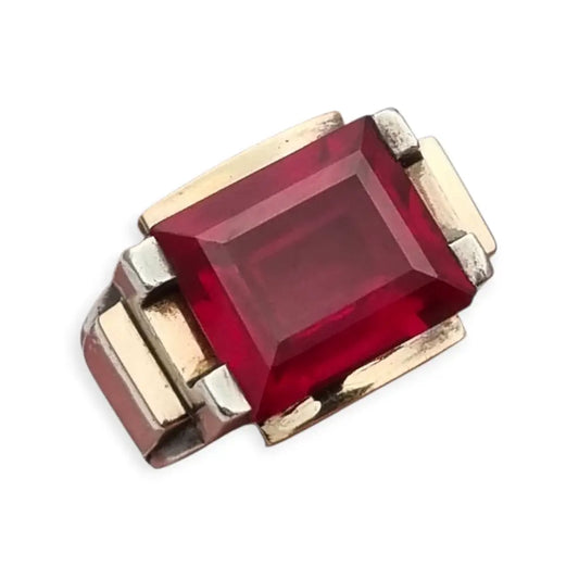 Anillo Art Decó francés años 30 en plata con vistas doradas y espinela rosa