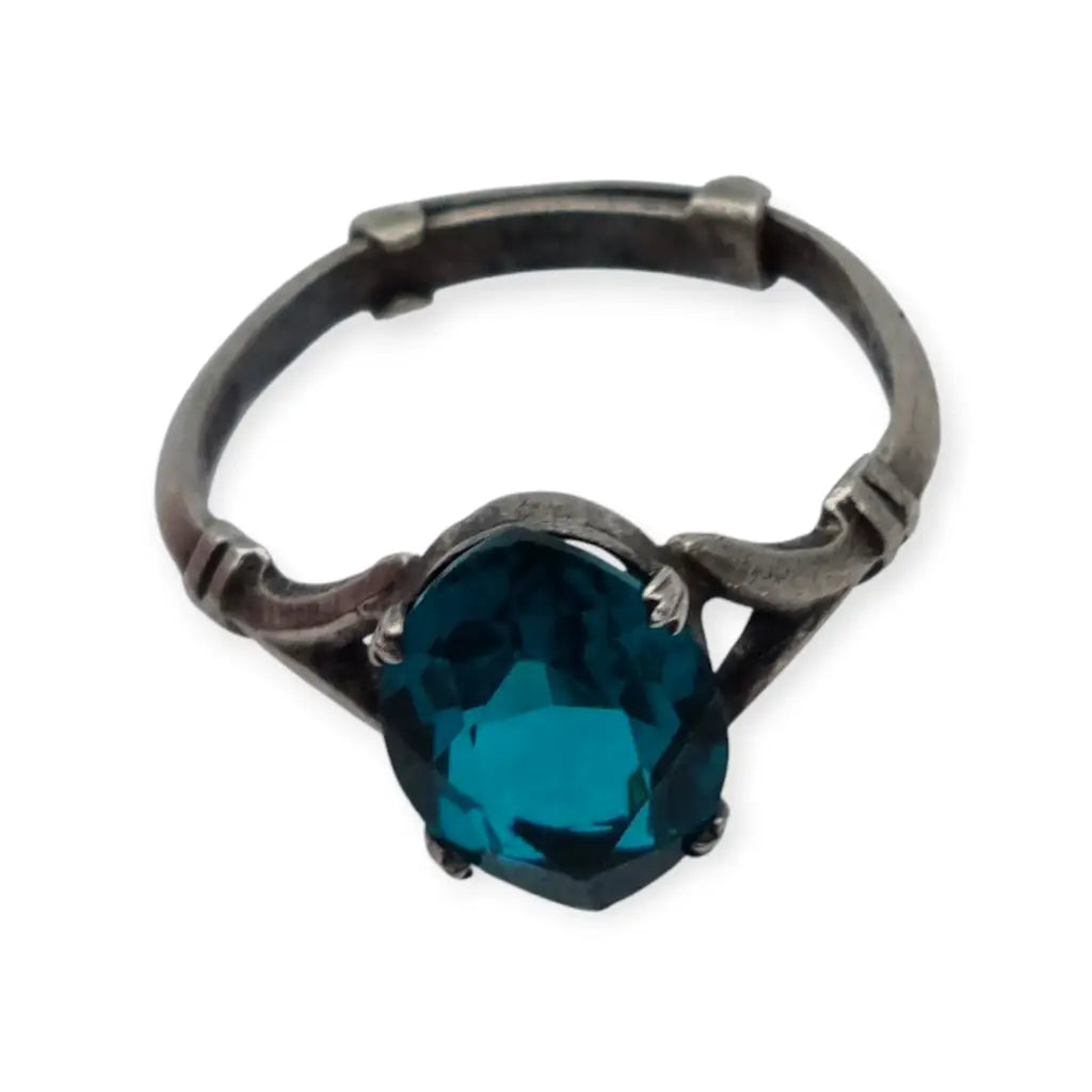 Anillo Art Déco de plata esterlina con piedra azul talla ovalada para mujer