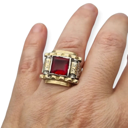 Anillo Art Déco de plata con vistas doradas y granate imitación décadas
