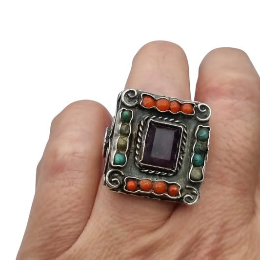 Anillo mexicano plata 925 con amatista coral turquesa joya vintage étnica hecha
