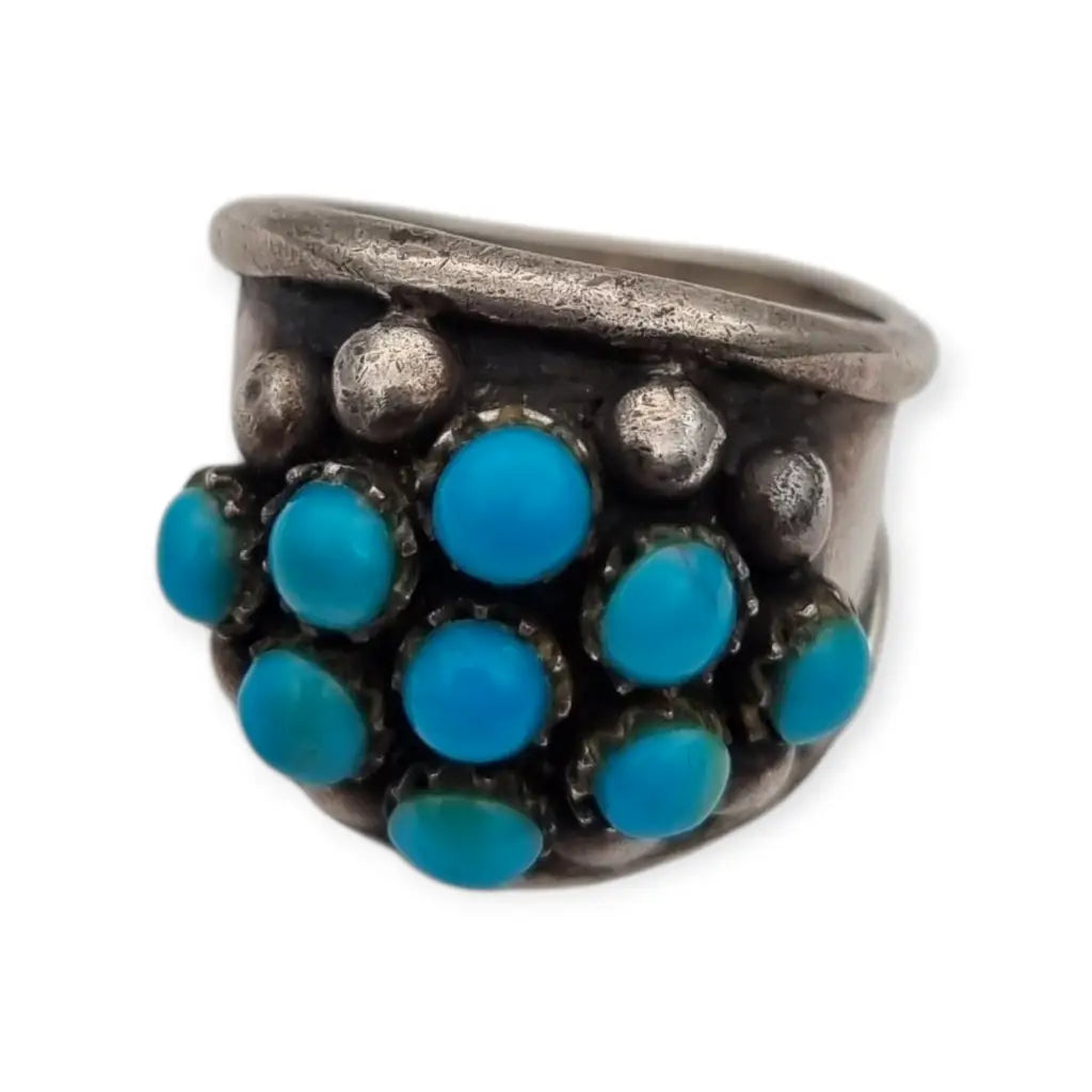 Anillo de plata estilo boho con cuentas azules para mujer años 80.
