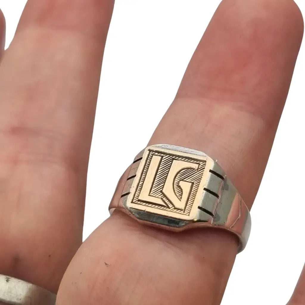 Anillo sello Art Decó en metal mixto con monograma LG grabado – diseño