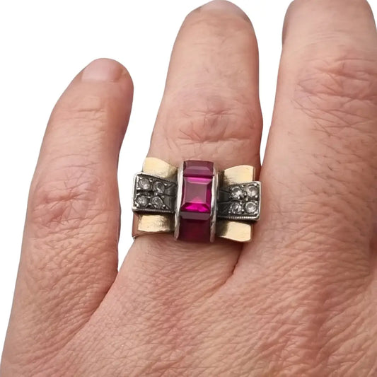 Anillo vintage Art Decó años 40 en plata y vistas de oro rubí sintético caja