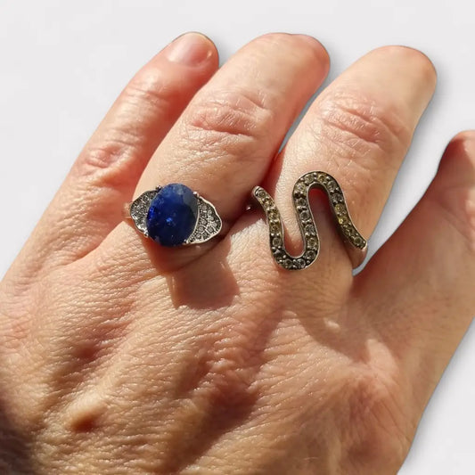 Anillo vintage de plata 925 con piedra azul cabujón ovalado para mujer regalos