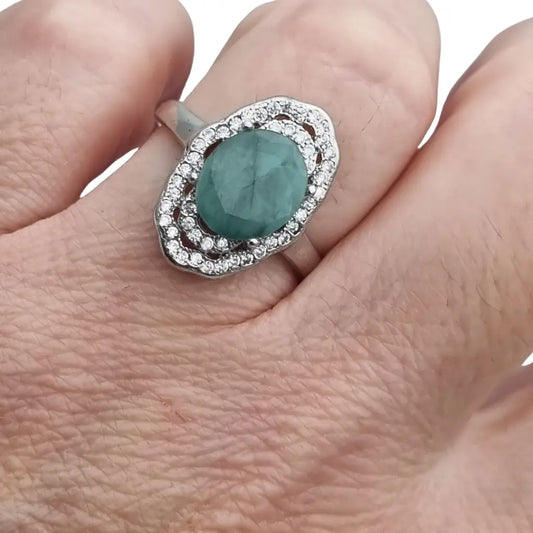 Anillo vintage de plata 925 con piedra verde oval y orla circonitas años