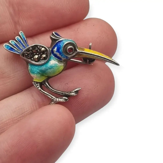 Broche Art deco de pájaro exótico plata 935 esmaltado circa 1930.