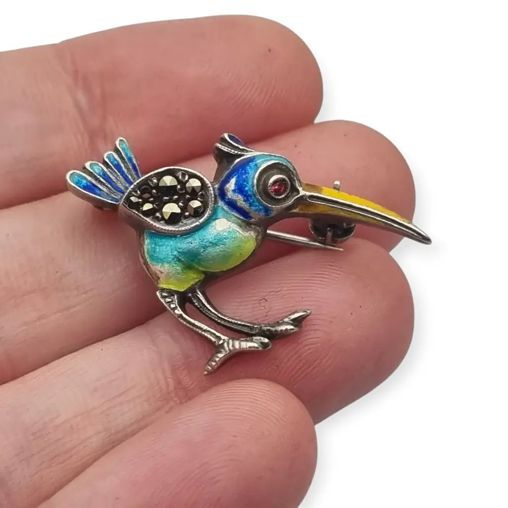 Broche Art deco de pájaro exótico plata 935 esmaltado circa 1930.