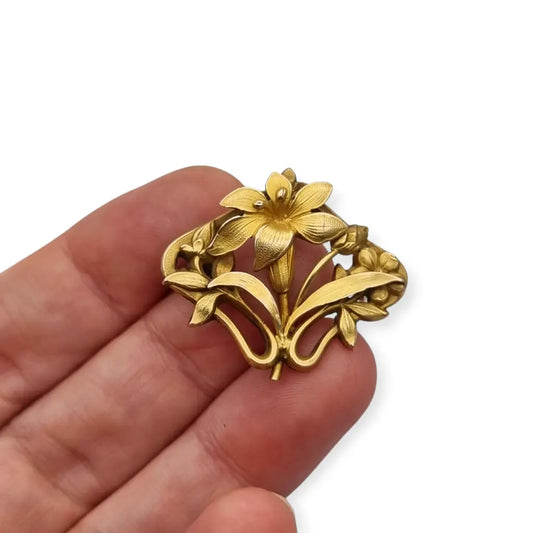 Broche Art Nouveau años 1910‑20 en metal dorado motivo floral. - LaBizarreSusu