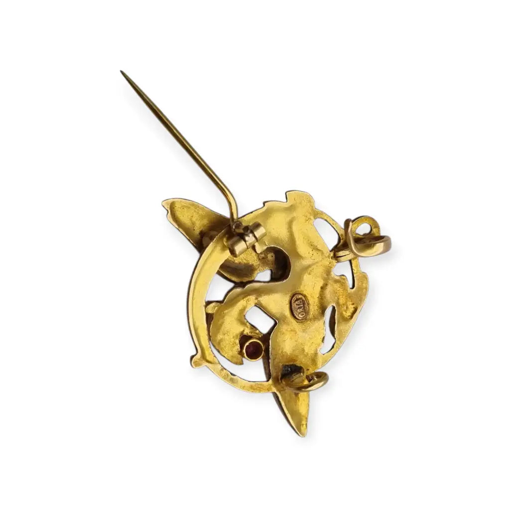 Broche Art Nouveau de grifo mitológico o dragón ORIA Oro relleno y rubí