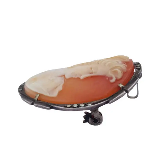 Broche camafeo de plata antigua concha tallada decorada con marquesitas regalos