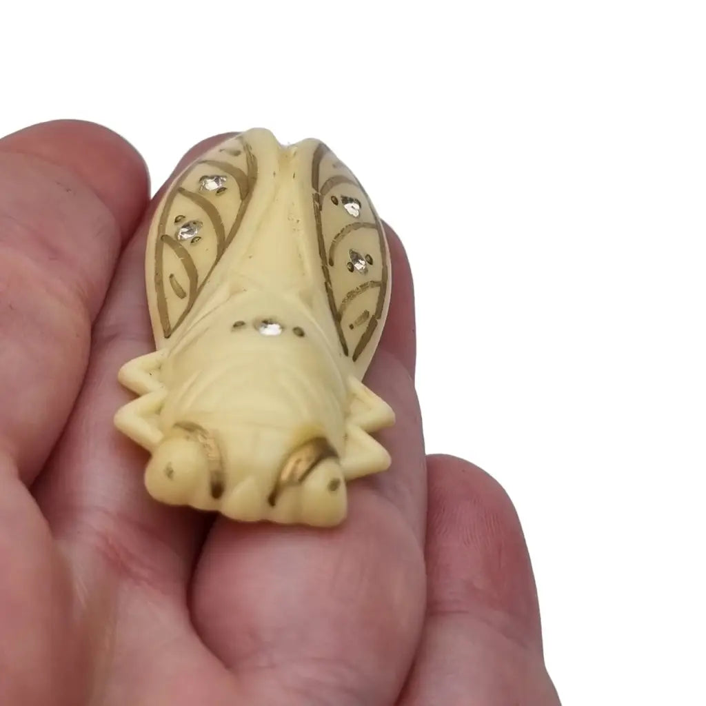 Broche de cigarra celuloide francés raro y piedras estrás blancas.