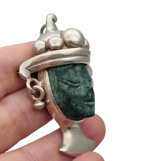 Broche colgante Cara vintage mexicano en plata 925 y piedra tallada Taxco CPC